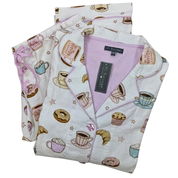 PJ Salvage Other - PJ Salvage Coffee & Bakery Treats Flannel PJ Set Long Sleeve Pants Natural L NWT